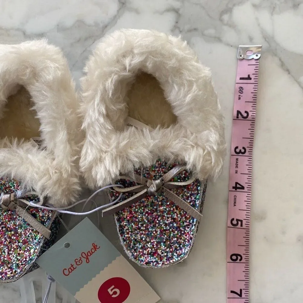 Cat and Jack‎ Glitter Moccasins size 5 Toddler Multicolor bow Slipper Shoe